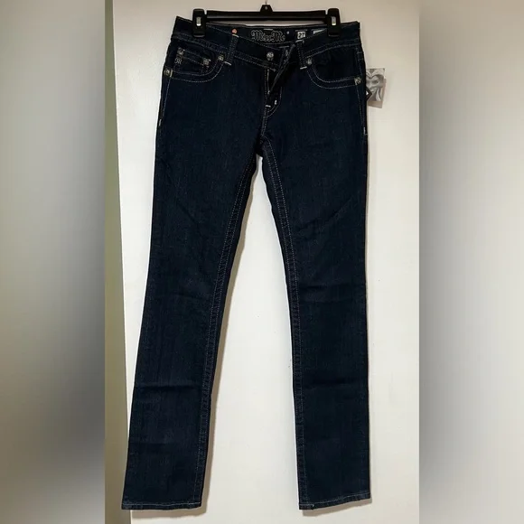 Miss Me Jeans Straight Embellished Fleur-De-Lis Dark Wash Size 27, never worn. - Picture 5 of 7